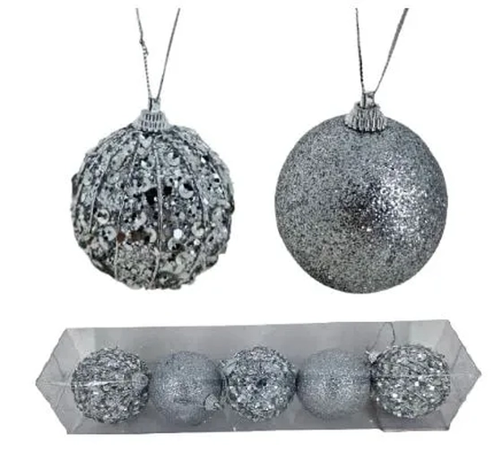 917472 BOLA DECORADA PRATA 8CM C/5 PECAS