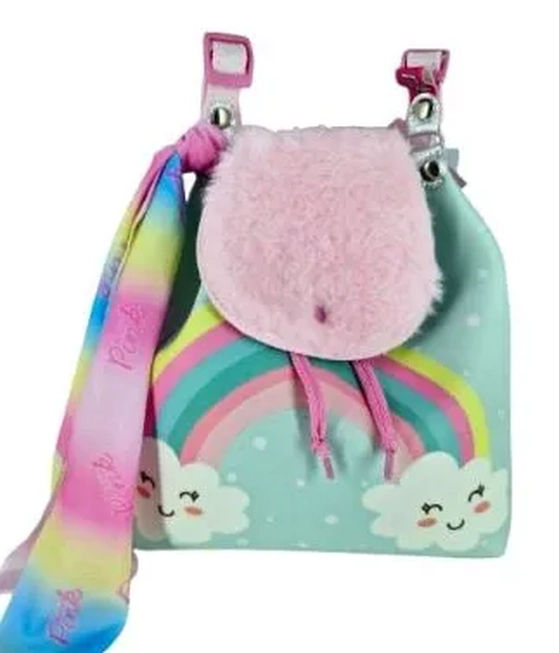 M5408 MOCHILA FUNDO AZUL TAMPA PELUCIA ARCO IRIS