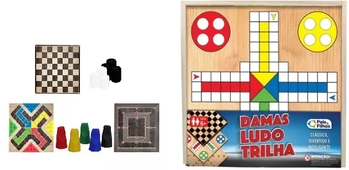 2212 JOGO DAMAS, LUDO E TRILHA CX EM MADEIRA