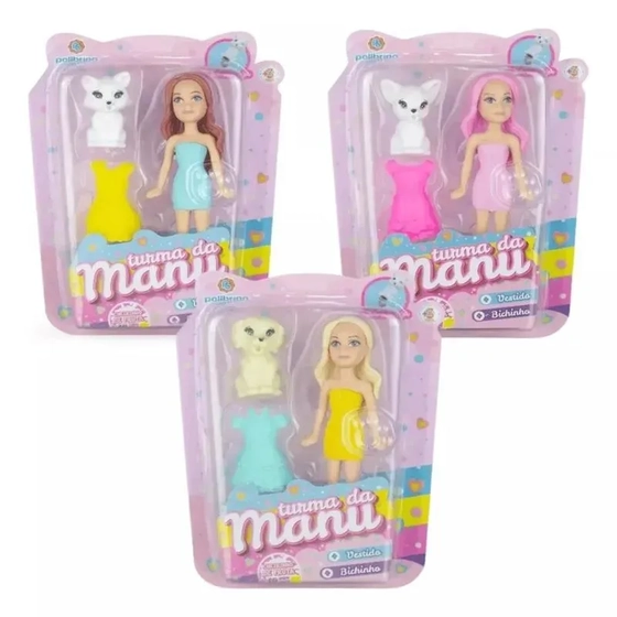 BN5092 BONECA TURMA DA MANU C/VESTIDO E BICHINHO SORTIDO