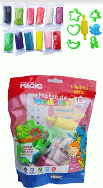 6062 MASSA MODELAR C/ MOLDES  +1 ROLO + 12 CORES  300 GR