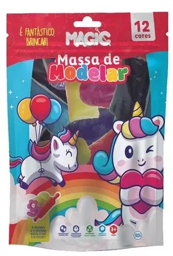 900853 MASSA MODELAR C/MOLDES+ 1ROLO+12 CORES 300G UNICORNIO
