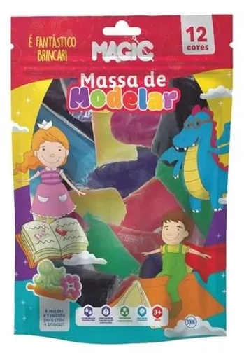 900839 MASSA MODELAR C/MOLDES+ 1ROLO+12 CORES 300G MAGIC