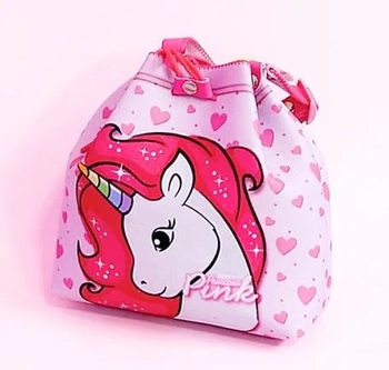 B3428 BOLSINHA BUCKET PINK UNICORNIO E CORACOES GRADIENTES