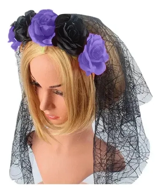 909379 TIARA VÉU C/ FLOR ROXA