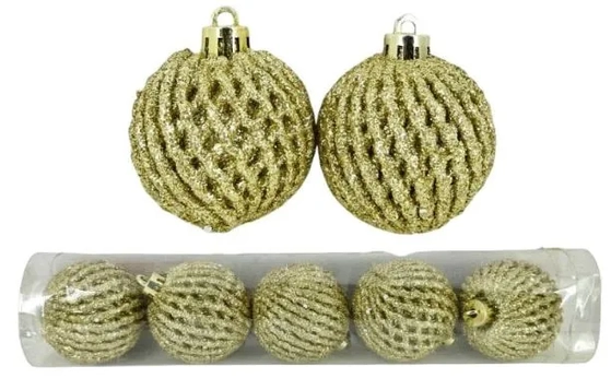 909764 BOLA TUBO DECORADA DOURADA  8CM C/5