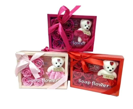 ASH-82.0231 ENFEITE DE FLOR DE SABONETE E URSO 6 FLORES 14CM