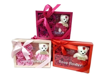 ASH-82.0231 ENFEITE DE FLOR DE SABONETE E URSO 6 FLORES 14CM