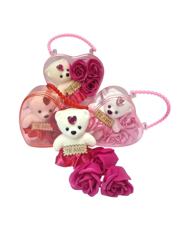 ASH-82.0234 CORAÇÃO ACRÍLICO + 3 ROSAS + URSO