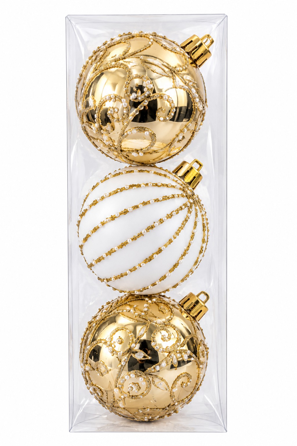928903 BOLA DECORADA DOURADA/BRANCA  8CM C/3 PECAS