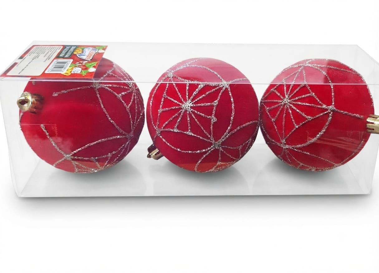 928905 BOLA DECORADA VERMELHA 8CM C/3 PECAS